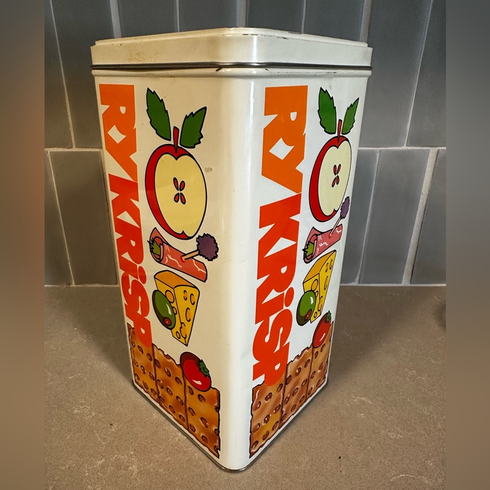 Vintage RyKrisp Cracker Storage Tin with Colorful Graphics 1980